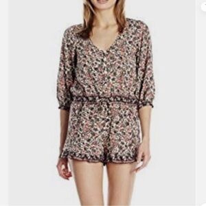 NWOT RAGA Romper Floral Ruffled 3/4 Sleeve Button Front Drawstring Waist